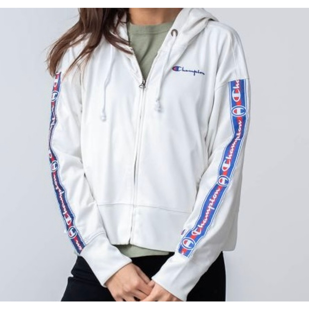 Women's Champion Boxy Cropped Full Zip Hoodie in Cream/ White size Small
